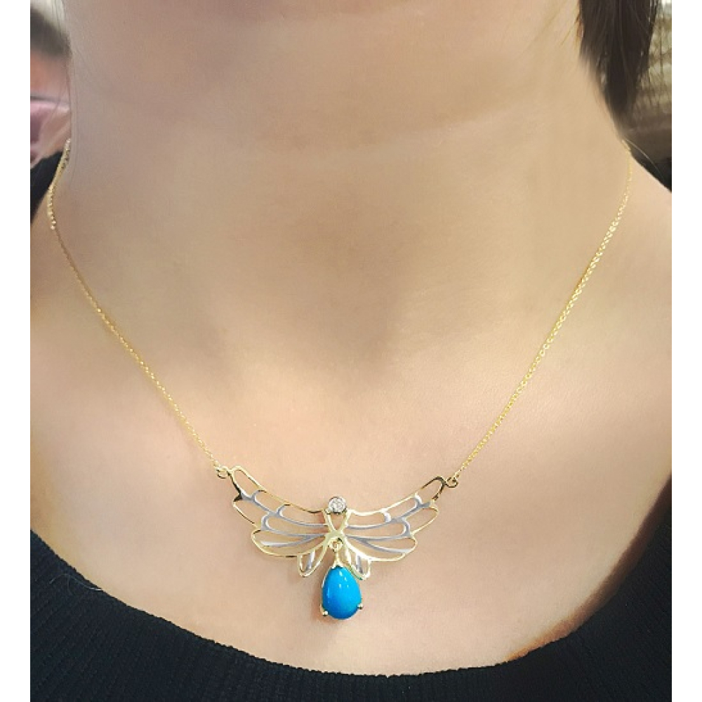 Damla Turkuaz Taşlı ve Pırlantalı Barışın Kanatları Kolyesi