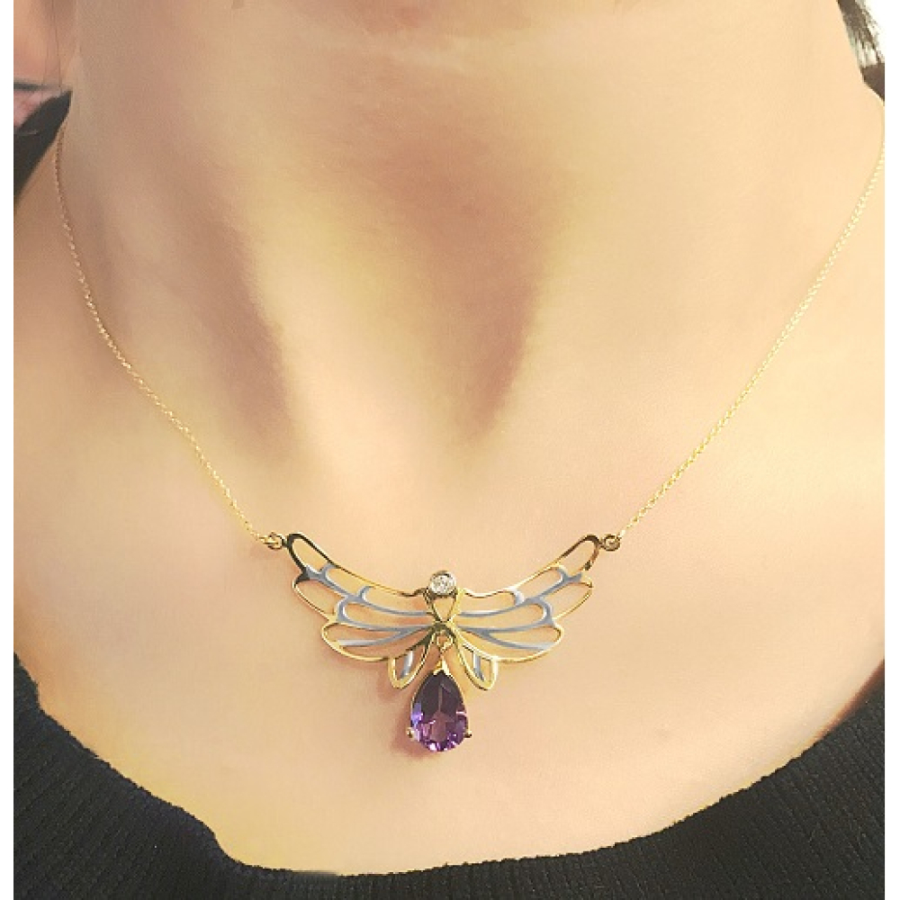 Pırlantalı Ametist Taşlı Melek Kanadı Kolye - Bilgeliğin Kanatları