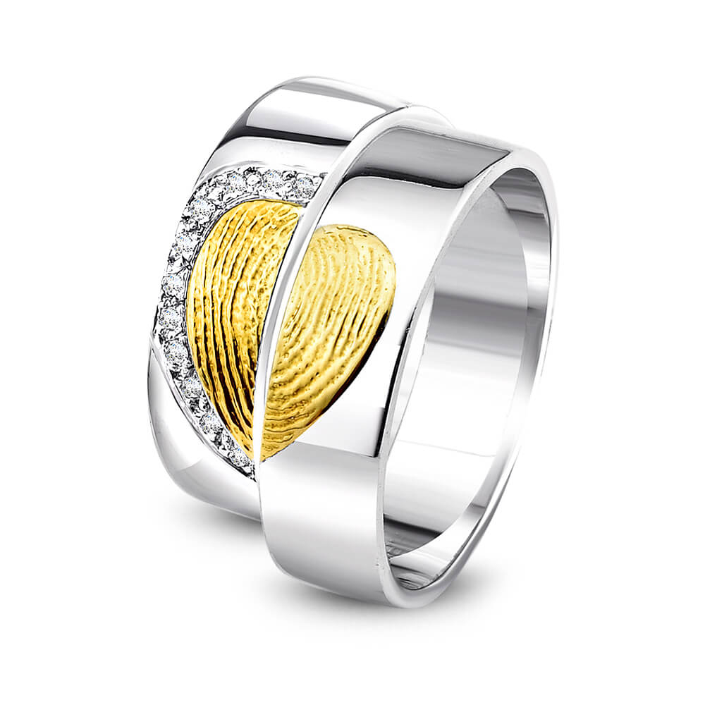 Pırlantalı Kalpli Parmak İzi Altın Alyans Kadın Modeli