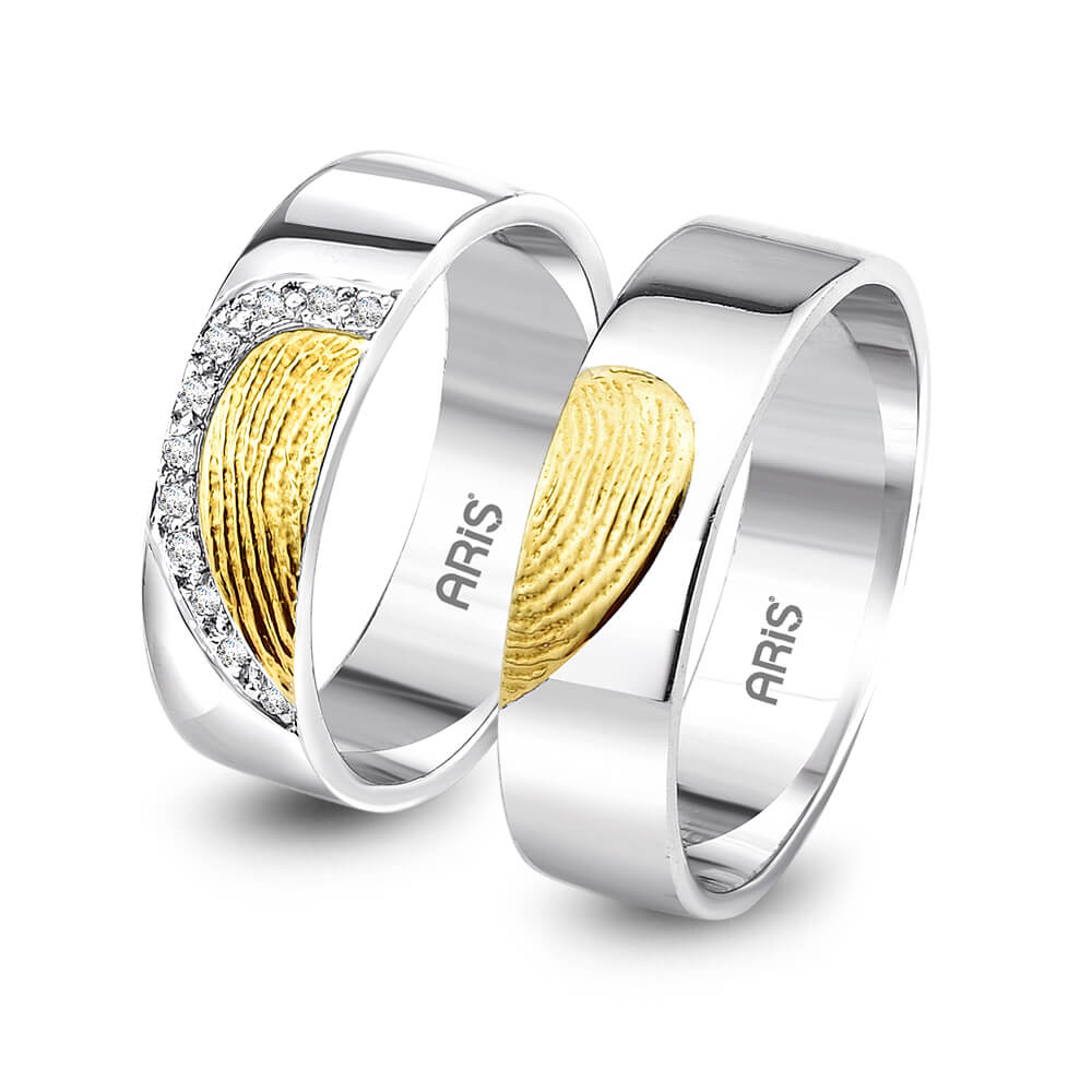 Pırlantalı Kalpli Parmak İzi Altın Alyans Kadın Modeli