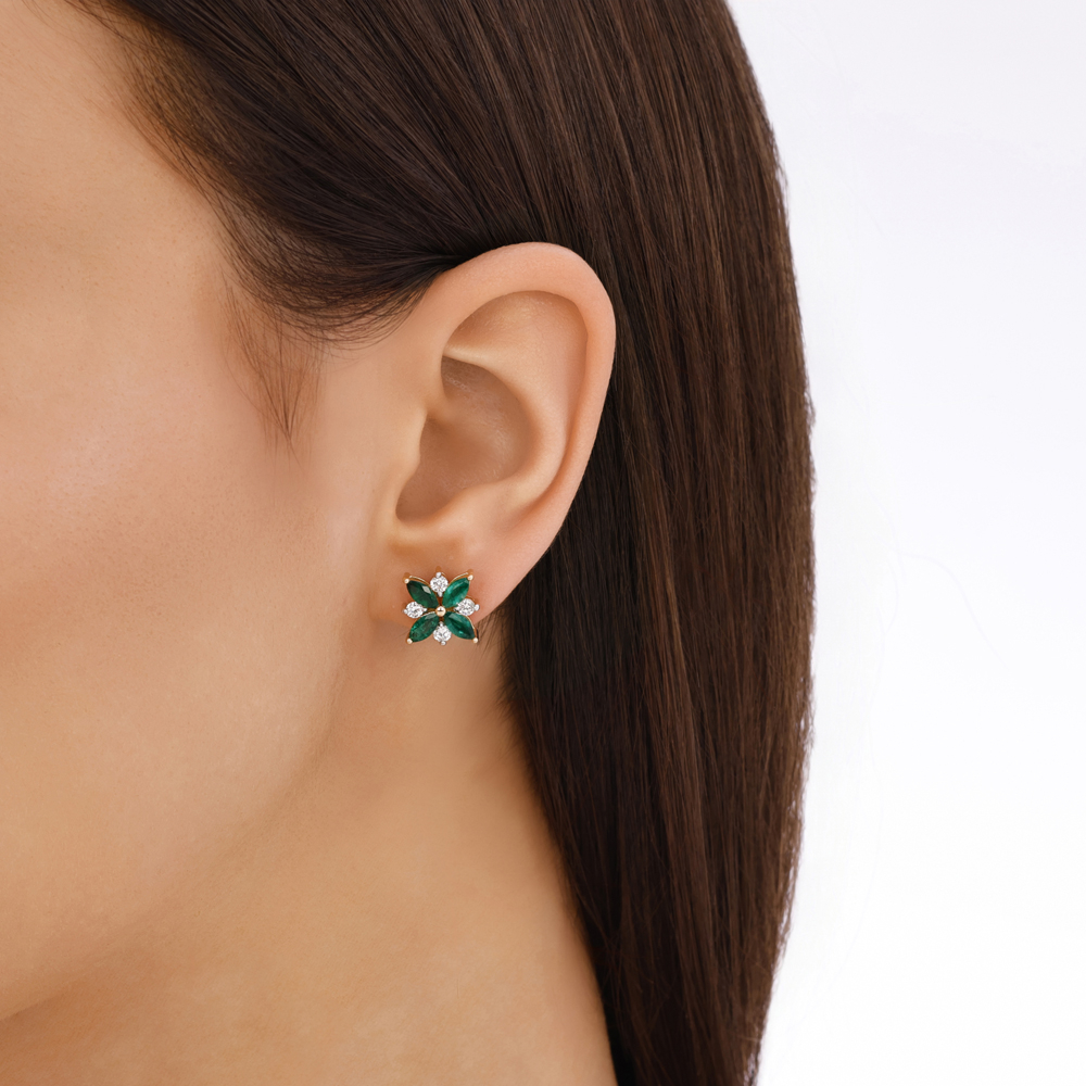 Pırlanta Markiz Kesim Zümrüt Küpe