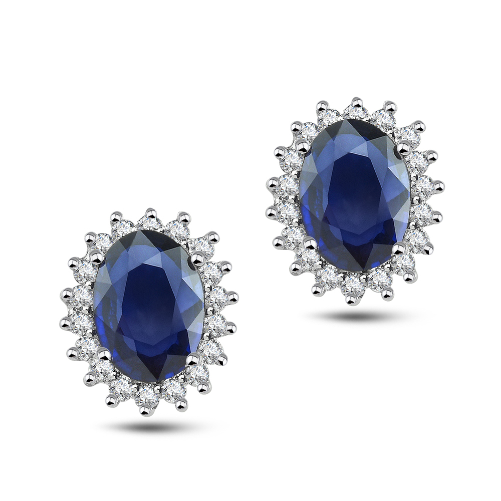 Pırlanta Oval Safir Küpe