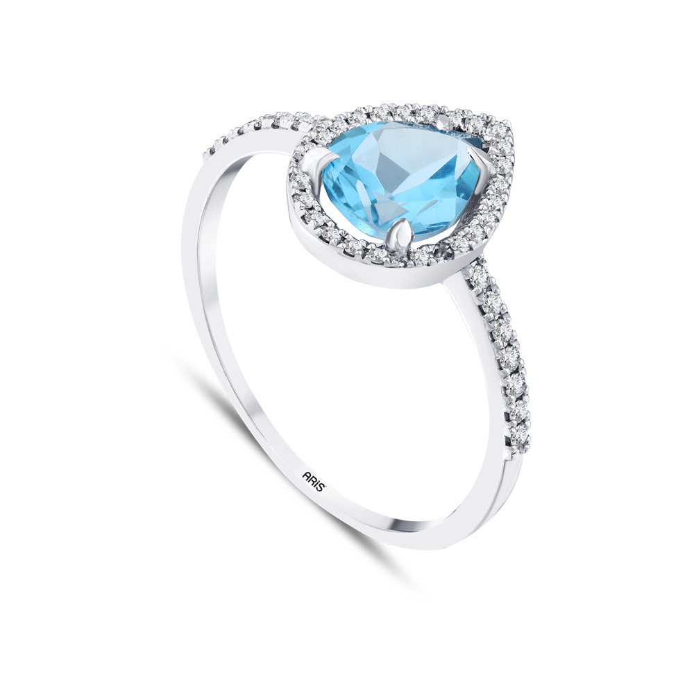 Mavi Topaz Damla Kesim Pırlanta Yüzük