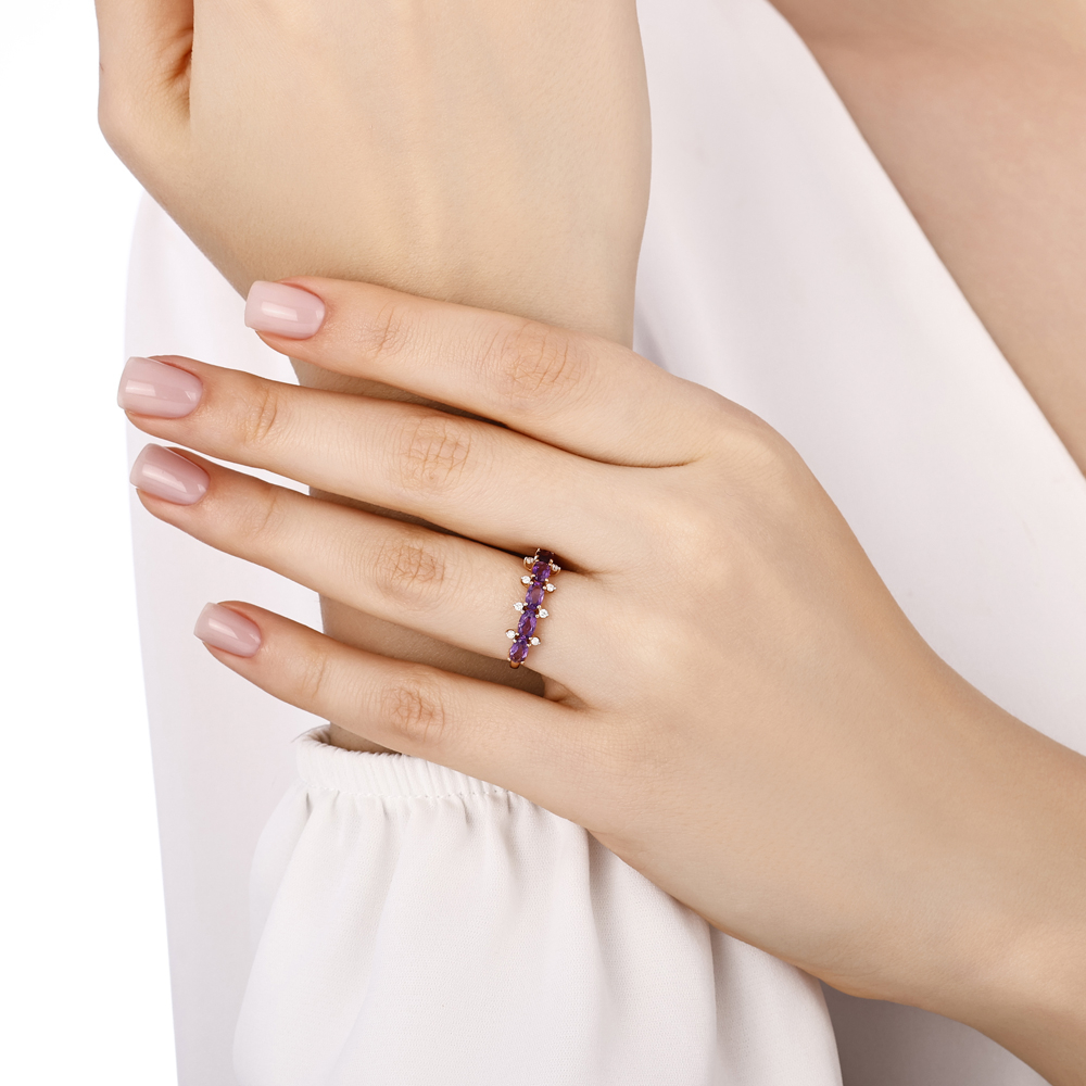 Oval Ametist Pırlanta Yarımtur Yüzük