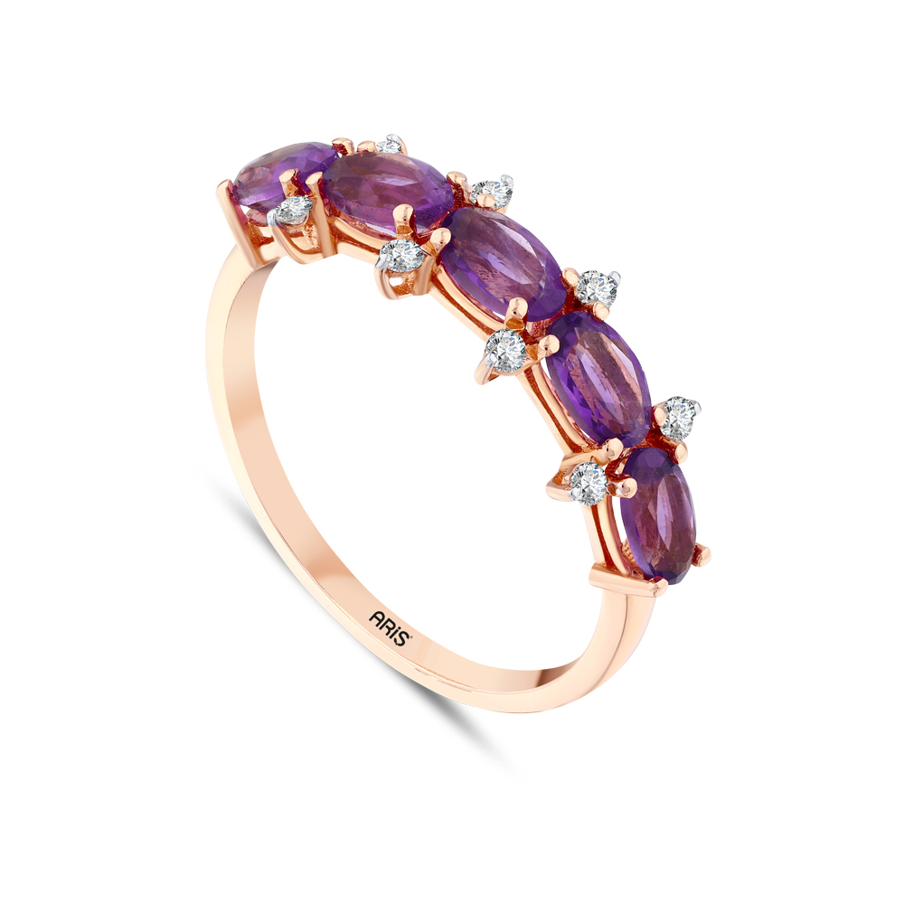 Oval Ametist Pırlanta Yarımtur Yüzük