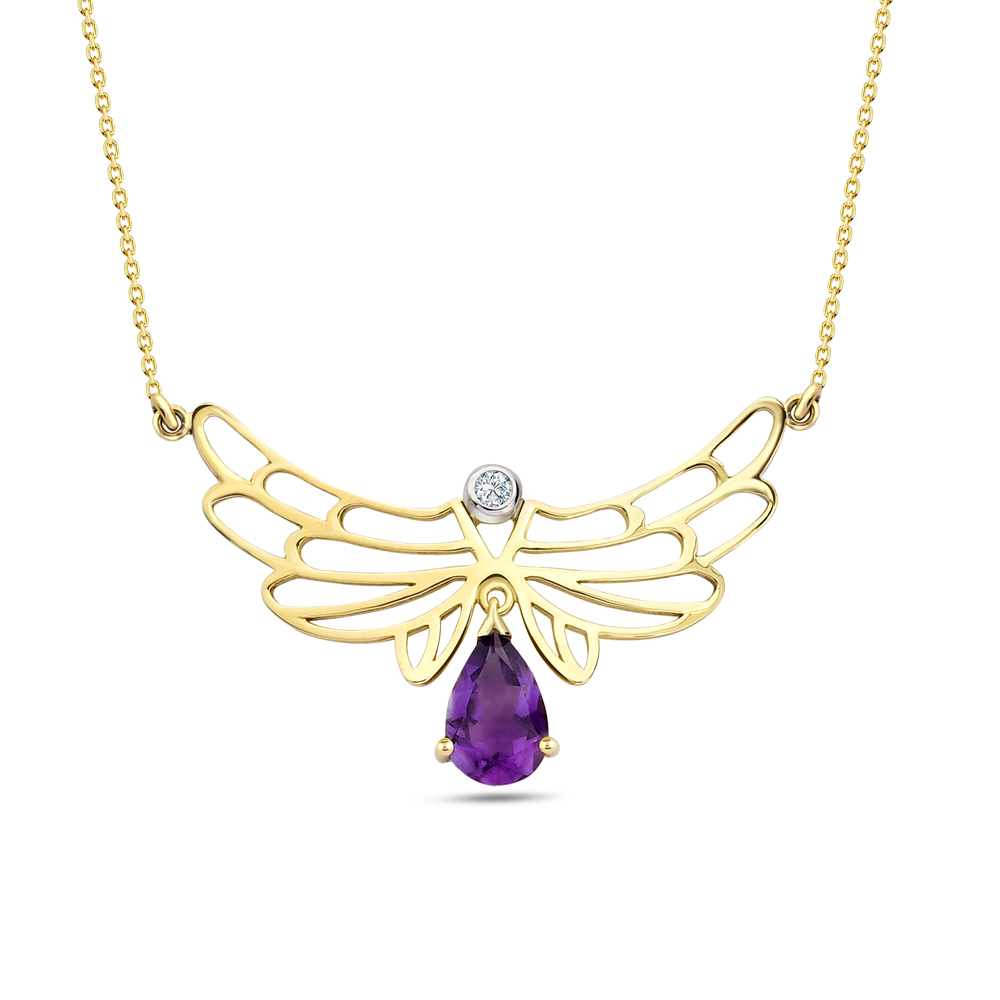 Pırlantalı Ametist Taşlı Melek Kanadı Kolye - Bilgeliğin Kanatları