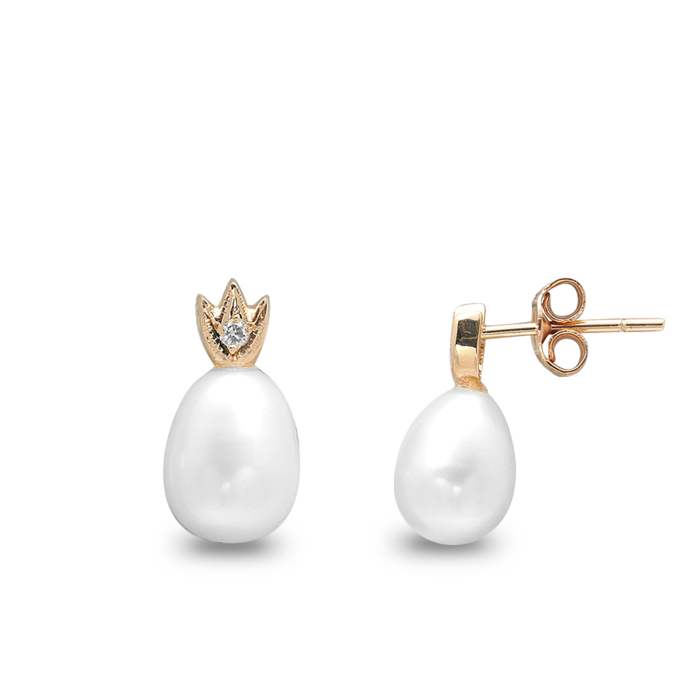 Pırlanta İnci Taçlı Küpe