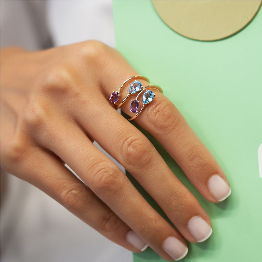 Ametist ve Mavi Topaz Taşlı Altın Yüzük