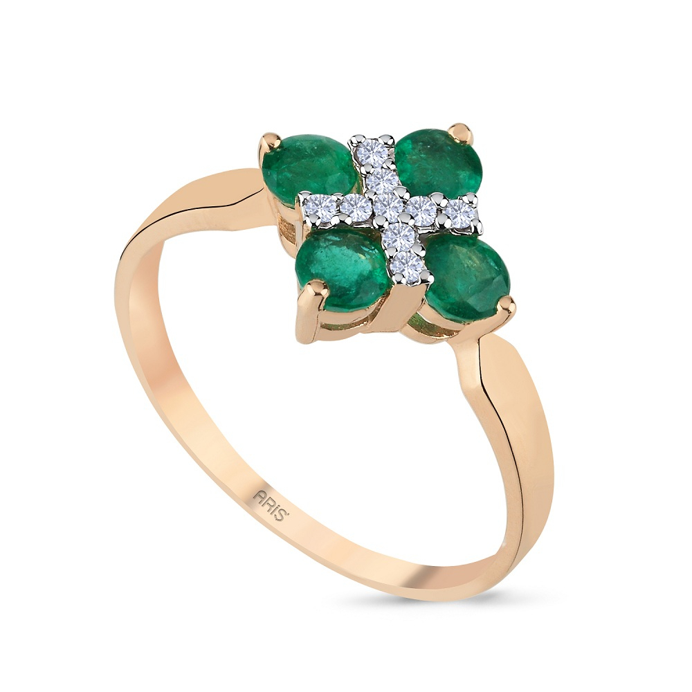 Yonca Formunda Pırlantalı Zümrüt Yüzük